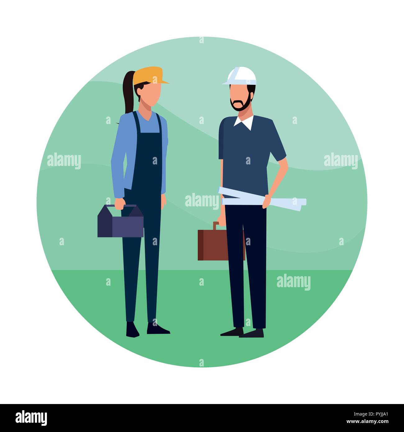 Architect with plans and construction worker round icon vector ...