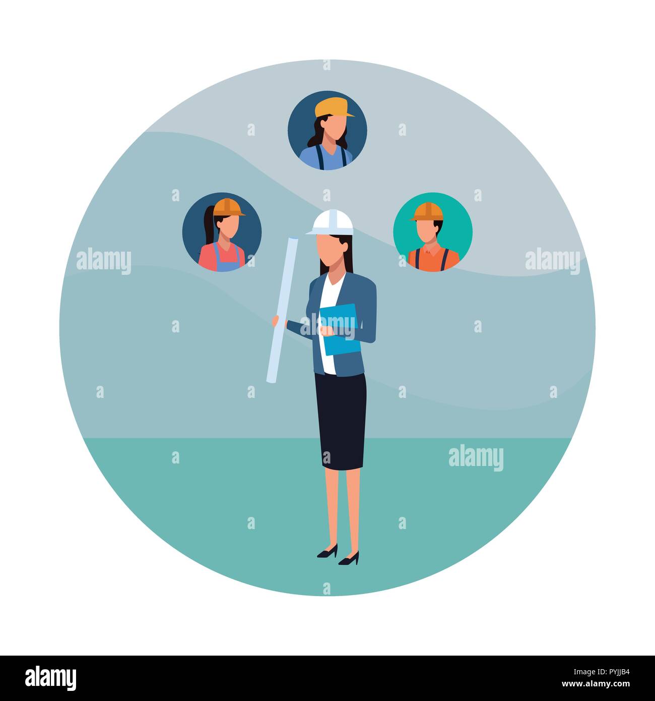 Woman architect and construction workers round icons round icon vector ...