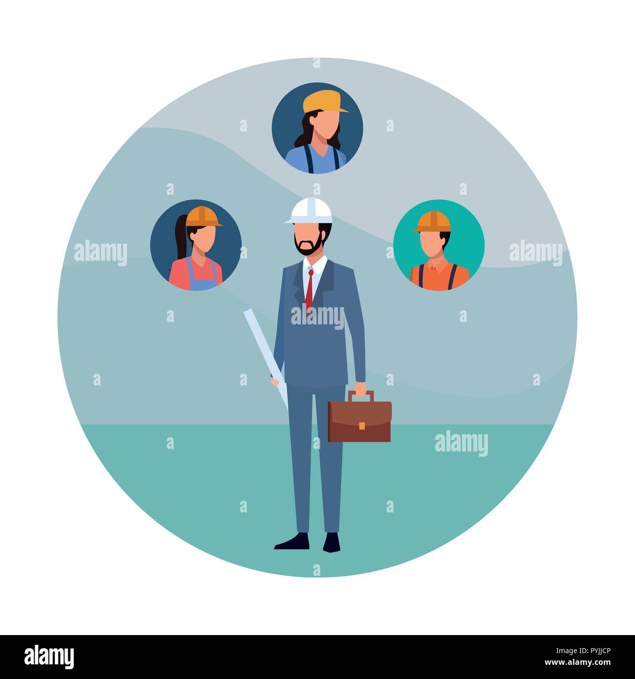 Architect with plans and workers round icons round icon vector ...