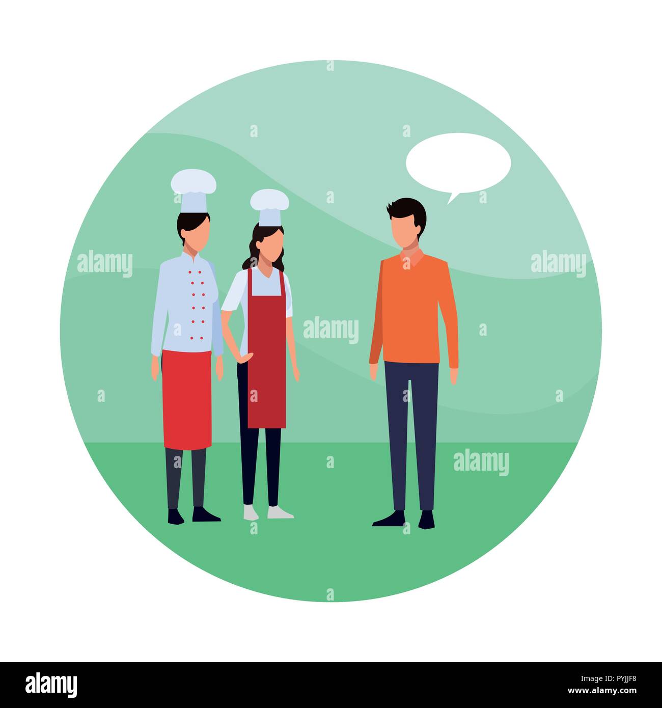 Chef couple and man with blank bubble speech round icon vector ...
