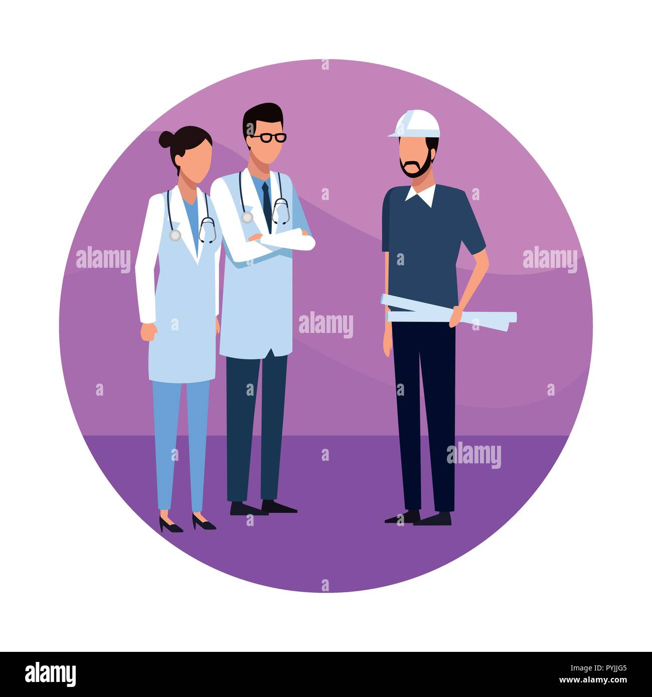 Architect holding hospital building plans talking with doctors round icon vector illustration graphic design Stock Vector