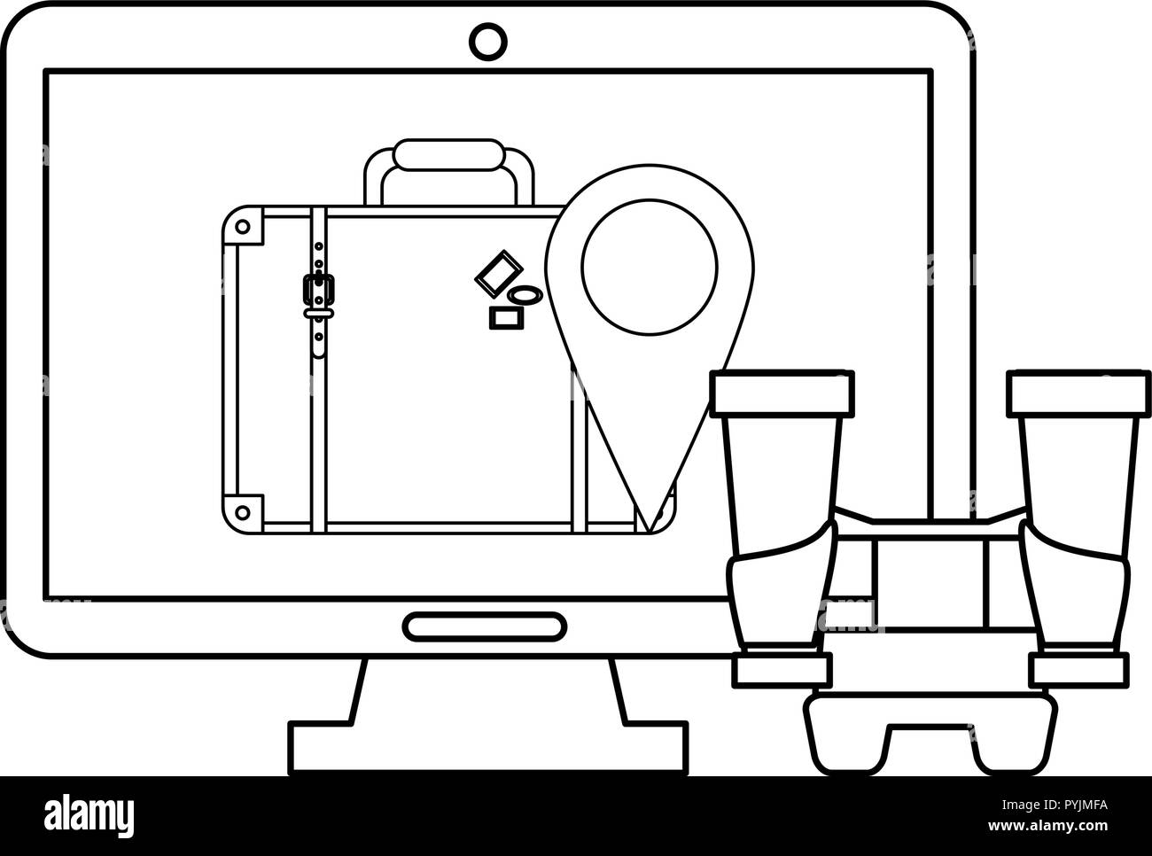 Travel and technology computer with luggage and binoculars vector ...