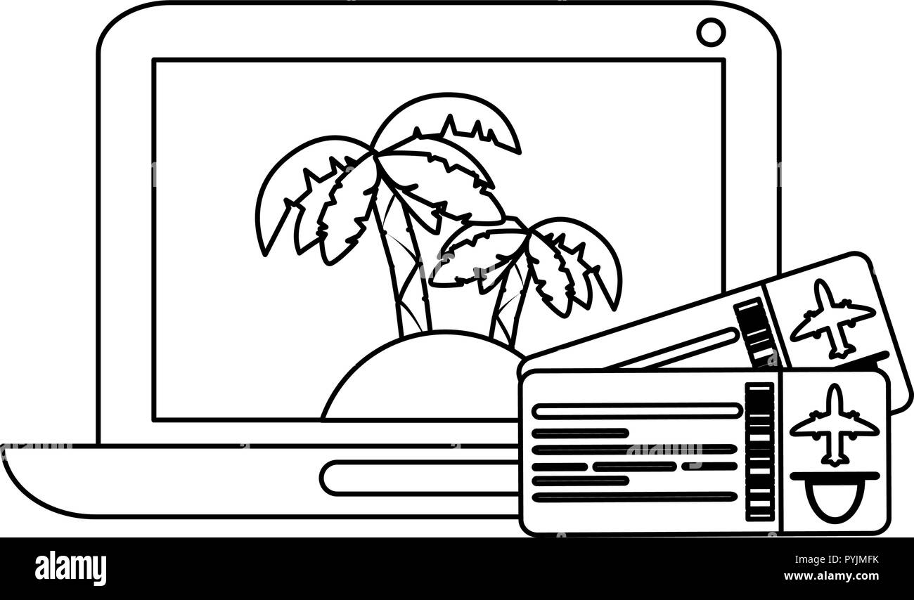 Travel and technology tickets and laptop with beach vector illustration ...