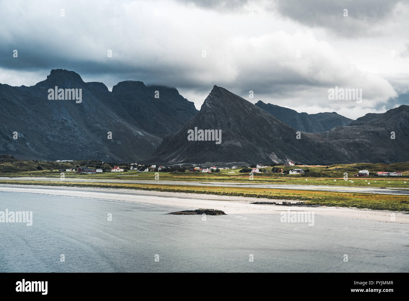 A typical Lofoten beach view frames the sea at Ramberg Lofoten. Scene ...