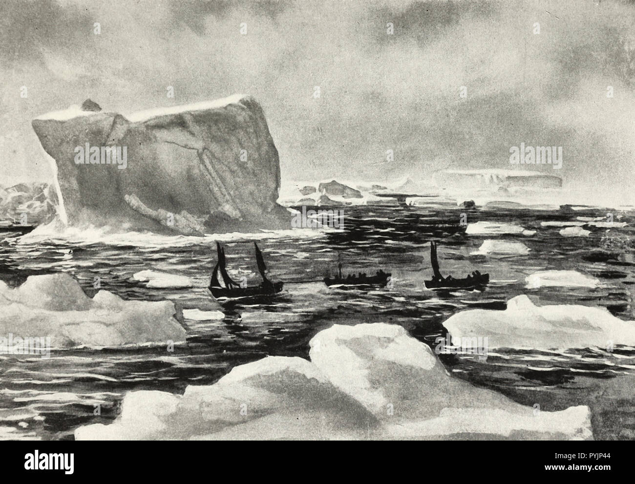 Three lifeboats from the Shackleton Expedition looking for land Stock Photo