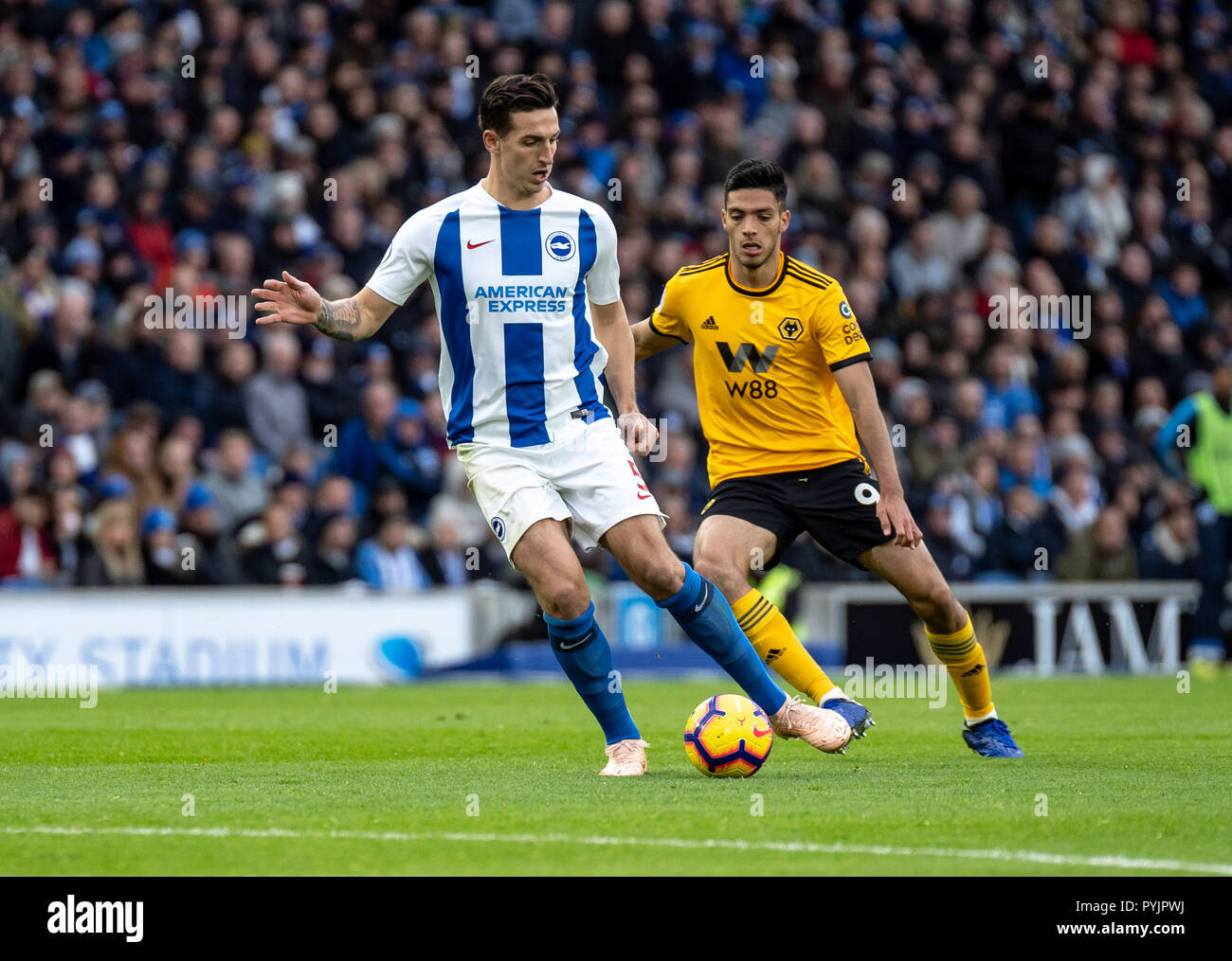 Brighton, UK. 27th Oct 2018. Lewis Dunk of Brighton and Hove Albion during the Premier League match between Brighton and Hove Albion and Wolverhampton Wanderers at the AMEX Stadium, Brighton, England on 27 October 2018. Photo by Liam McAvoy. Credit: UK Sports Pics Ltd/Alamy Live News Stock Photo