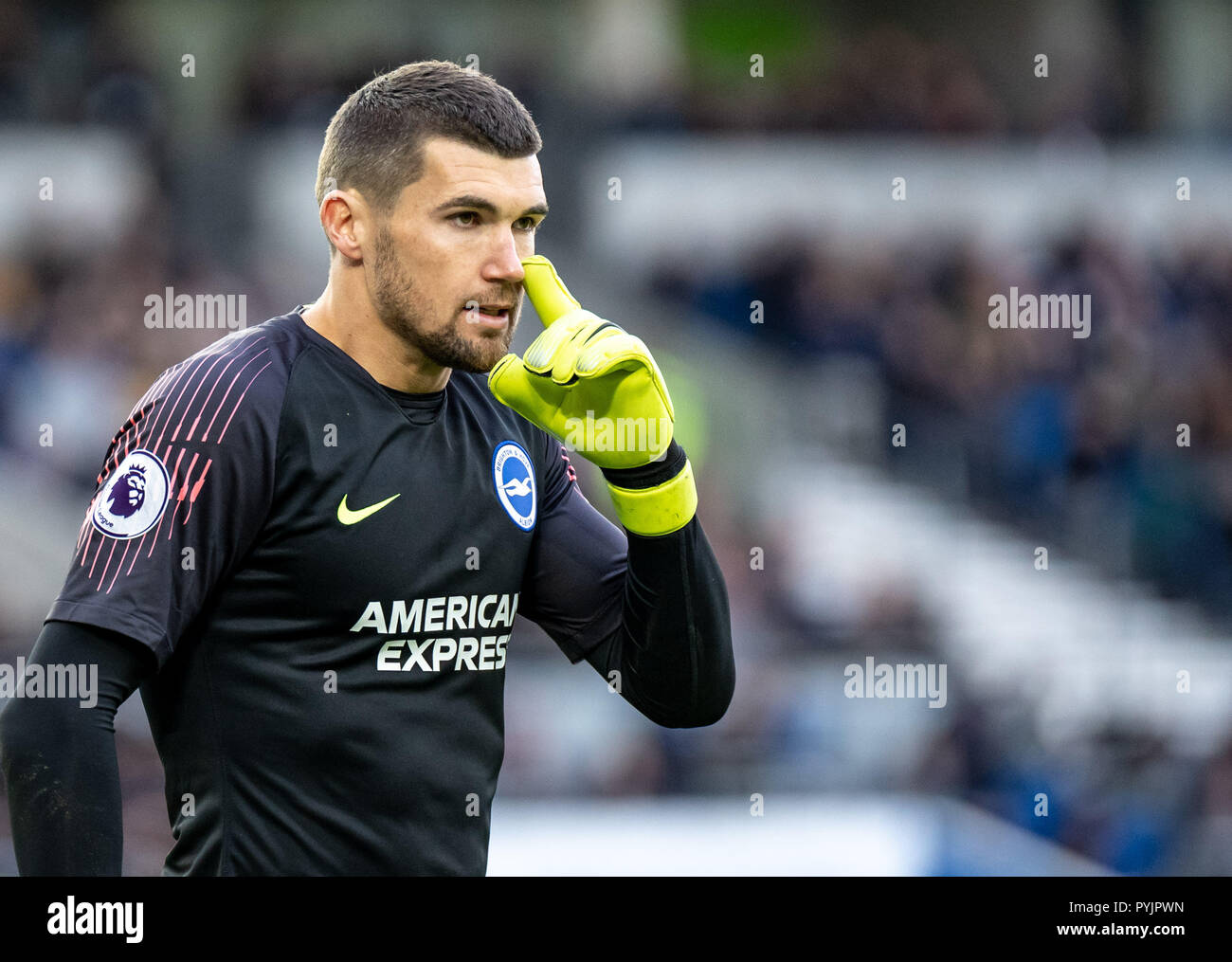 Brighton, UK. 27th Oct 2018. Goalkeeper Mathew Ryan of Brighton and Hove Albion during the Premier League match between Brighton and Hove Albion and Wolverhampton Wanderers at the AMEX Stadium, Brighton, England on 27 October 2018. Photo by Liam McAvoy. Credit: UK Sports Pics Ltd/Alamy Live News Stock Photo