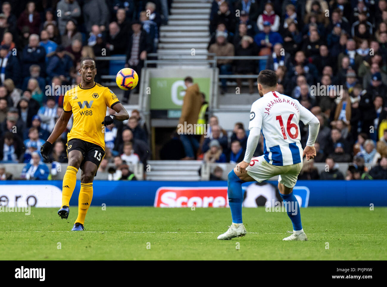Brighton, UK. 27th Oct 2018. Willy Boly of Wolverhampton Wanderers during the Premier League match between Brighton and Hove Albion and Wolverhampton Wanderers at the AMEX Stadium, Brighton, England on 27 October 2018. Photo by Liam McAvoy. Credit: UK Sports Pics Ltd/Alamy Live News Stock Photo
