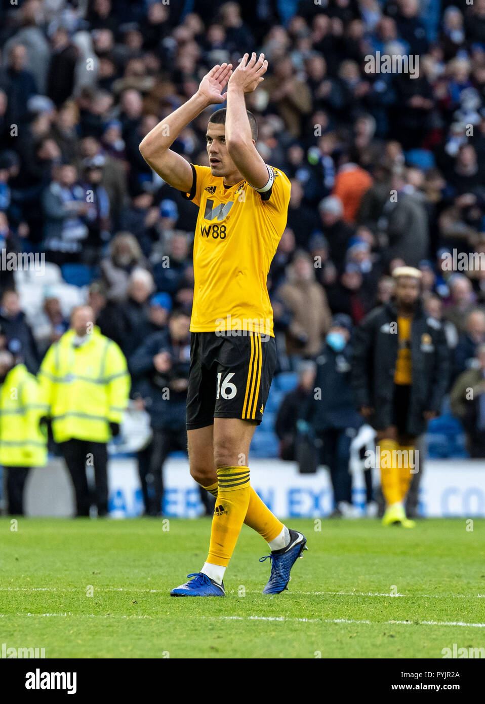 Brighton, UK. 27th Oct 2018. Conor Coady of Wolverhampton Wanderers during the Premier League match between Brighton and Hove Albion and Wolverhampton Wanderers at the AMEX Stadium, Brighton, England on 27 October 2018. Photo by Liam McAvoy. Credit: UK Sports Pics Ltd/Alamy Live News Stock Photo