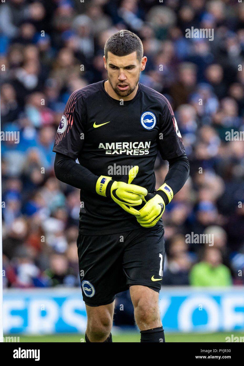 Brighton, UK. 27th Oct 2018. Goalkeeper Mathew Ryan of Brighton and Hove Albion during the Premier League match between Brighton and Hove Albion and Wolverhampton Wanderers at the AMEX Stadium, Brighton, England on 27 October 2018. Photo by Liam McAvoy. Credit: UK Sports Pics Ltd/Alamy Live News Stock Photo