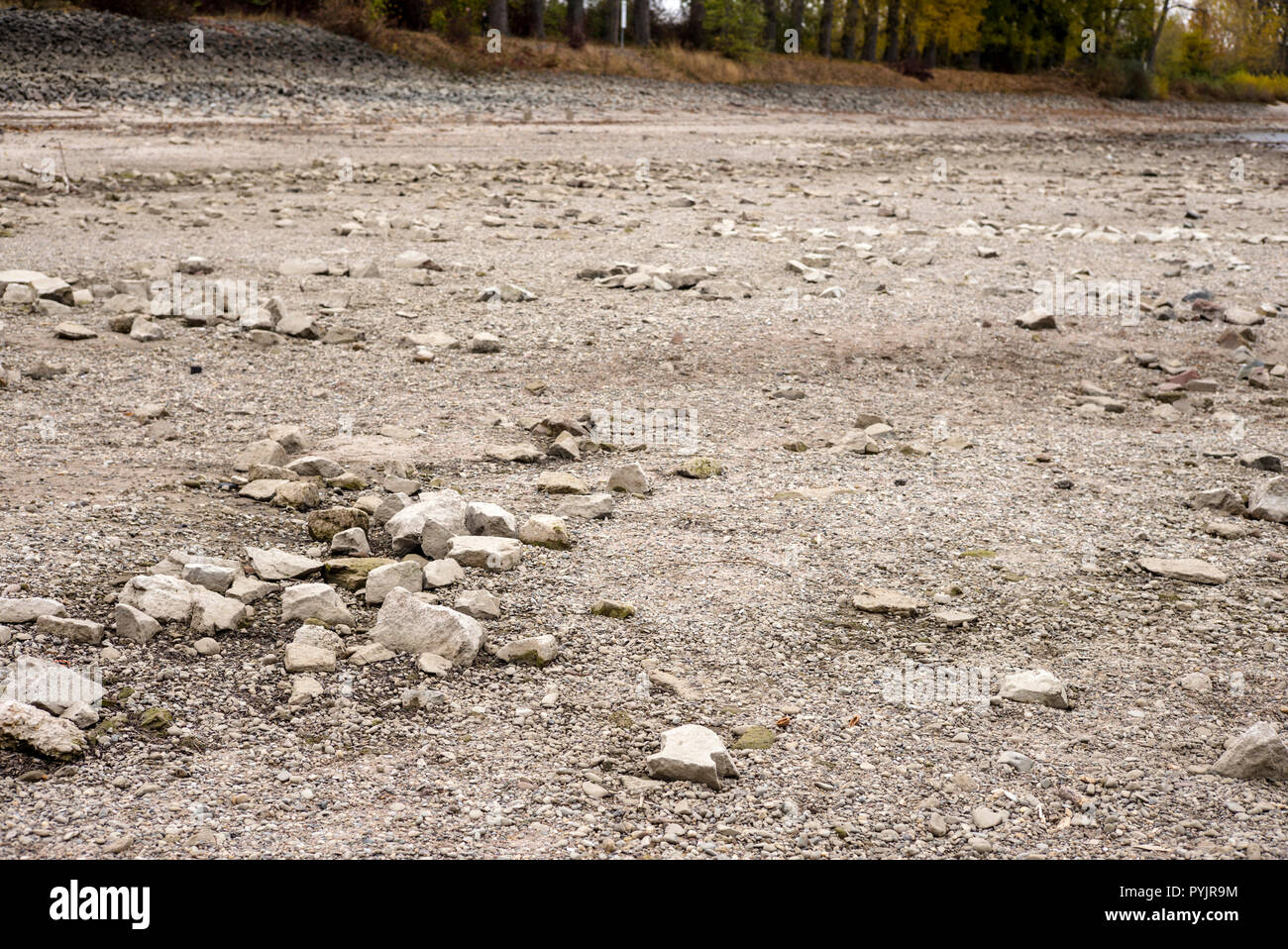 The dried out bed of the Rhine River between Ludwigshafen and Mannheim, Germany, 28 October 2018. A dry summer and an ongoing drought have brought the river to historic low levels, causing a serious impediment for commercial shipping on the river. Credit: Philipp Zechner/Alamy Live News Stock Photo