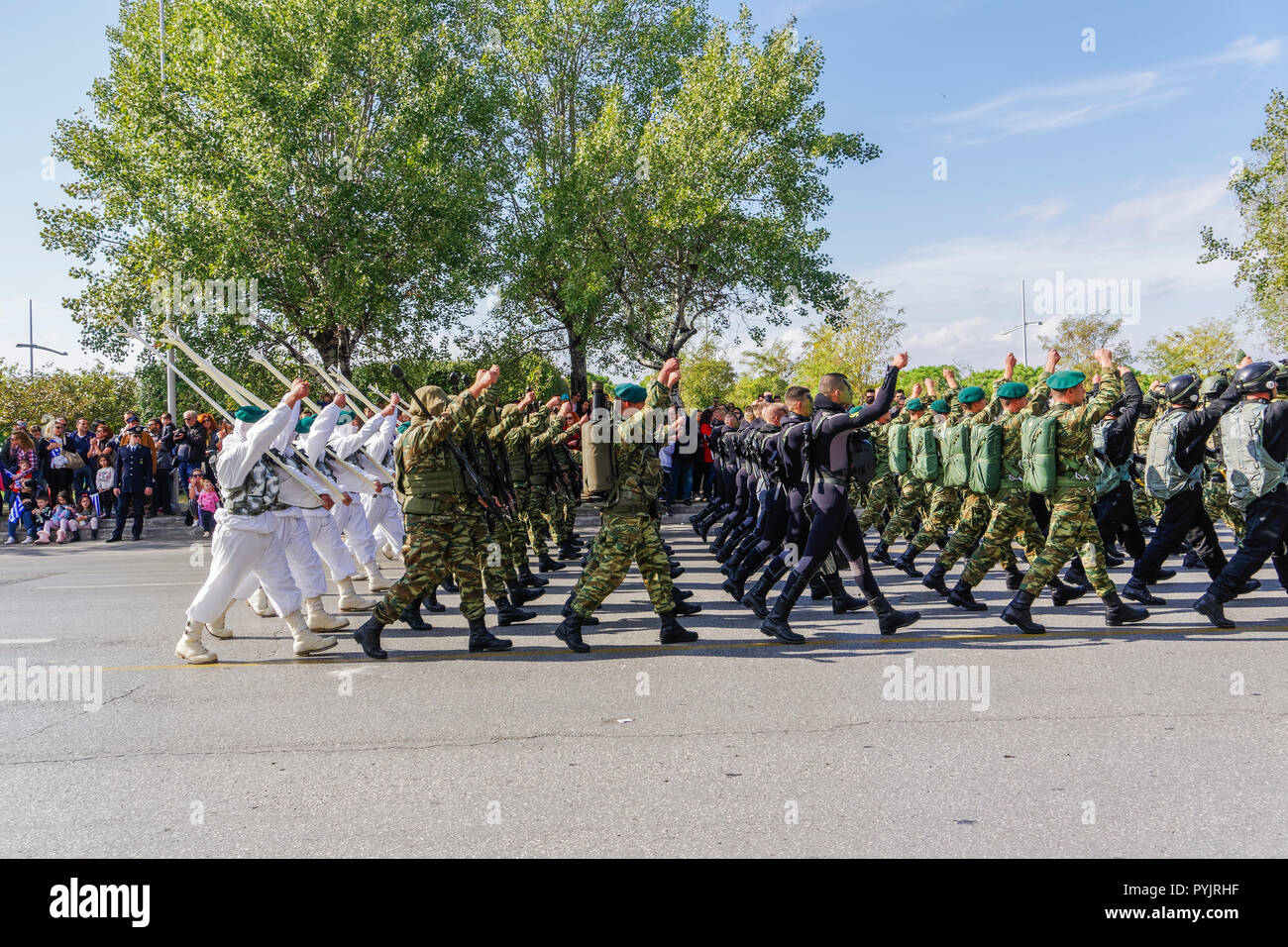 Thessaloniki, Greece - October 28 2018: Oxi Day Greek Army parade.March during national day celebration military parade, commemorating the Greek no against the Mussolini Italian 1940 ultimatum. Credit: bestravelvideo/Alamy Live News Stock Photo