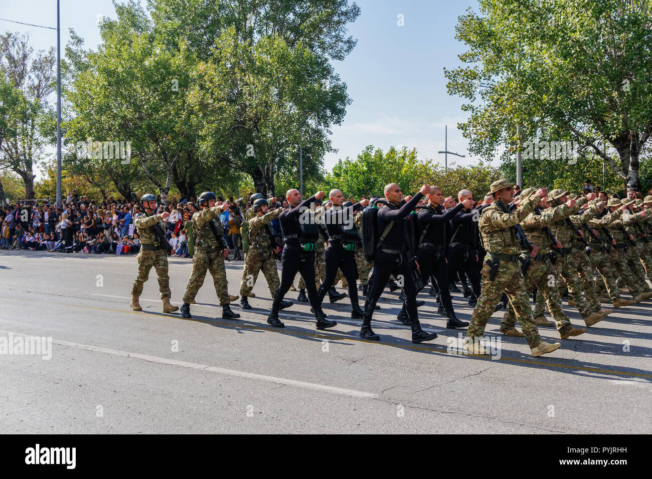 Thessaloniki, Greece - October 28 2018: Oxi Day Greek Army parade.March during national day celebration military parade, commemorating the Greek no against the Mussolini Italian 1940 ultimatum. Credit: bestravelvideo/Alamy Live News Stock Photo