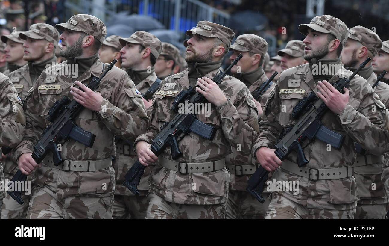 Military parade on the occasion of 100th anniversary of Czechoslovakia's establishment, attended by Czech President Milos Zeman and U.S. Secretary of Defence James Mattis, took place on the European Street in Prague, Czech Republic, on October 28, 2018. (CTK Photo/Ondrej Deml) Stock Photo