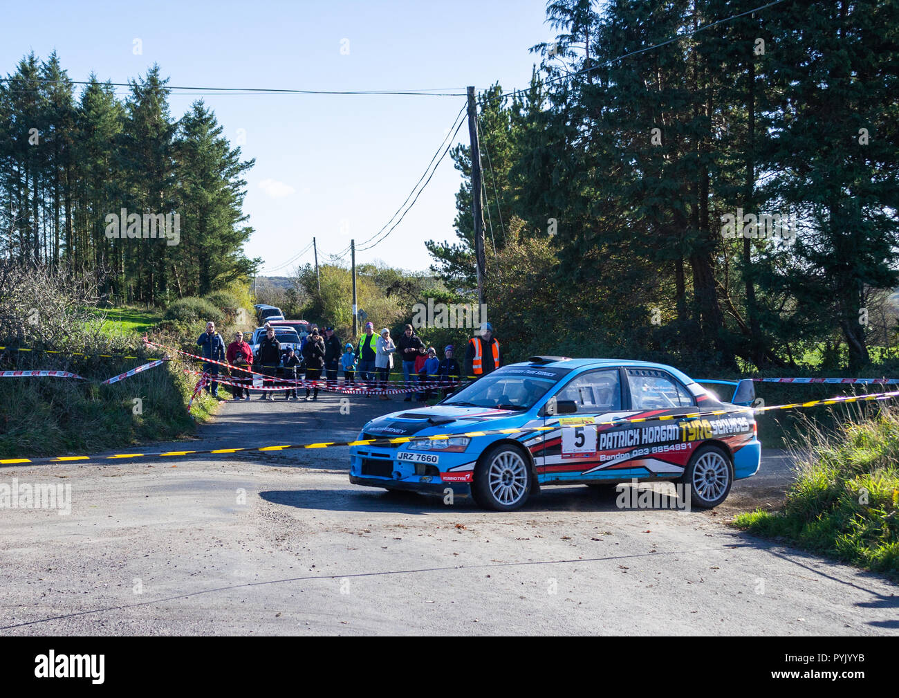 Bantry, West Cork, Ireland, October 28th 2018. A fine clear day greeted the start of the 2018 Fastnet Rally today, allowing the drivers to make the most of the dry conditions while racing on the twists and turns of the country roads around Ballydehob and Bantry.Vincent Mc Sweeney and Michael Kearney in the Mitsubishi Evo fly through station 16. Credit: aphperspective/Alamy Live News Stock Photo