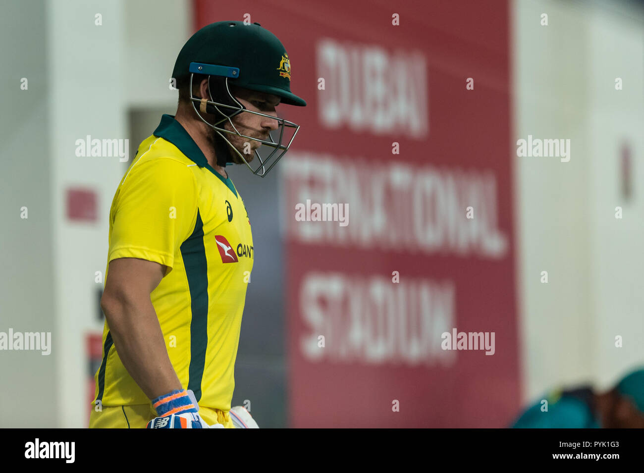 Dubai, UAE. 28th Oct, 2018. Aaron Finch, Captain of Australia waits to go in to bat during the 3rd T20 International between Pakistan and Australia at the Dubai International stadium, Dubai, UAE on 28 October 2018. Photo by Grant Winter. Credit: UK Sports Pics Ltd/Alamy Live News Stock Photo