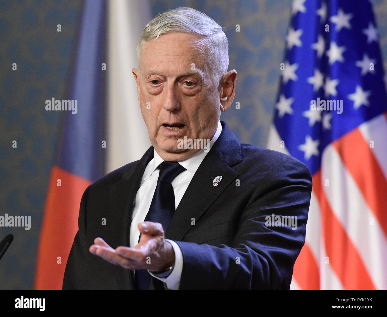 Prague, Czech Republic. 28th Oct, 2018. U.S. Defense Secretary Jim Mattis speaks during a press conference Czech Prime Minister Andrej Babis in Prague, Czech Republic, Sunday, October 28, 2018. Mattis arrives in Prague to mark the 100th anniversary of the 1918 creation of the Czechoslovak state. Credit: Roman Vondrous/CTK Photo/Alamy Live News Stock Photo