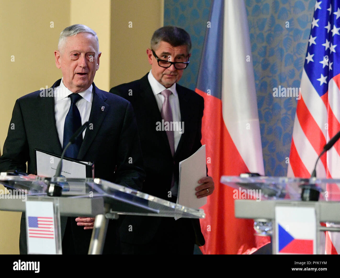 Prague, Czech Republic. 28th Oct, 2018. U.S. Defense Secretary Jim Mattis, left, with Czech Prime Minister Andrej Babis, right, are seen during a press conference in Prague, Czech Republic, Sunday, October 28, 2018. Mattis arrives in Prague to mark the 100th anniversary of the 1918 creation of the Czechoslovak state. Credit: Roman Vondrous/CTK Photo/Alamy Live News Stock Photo