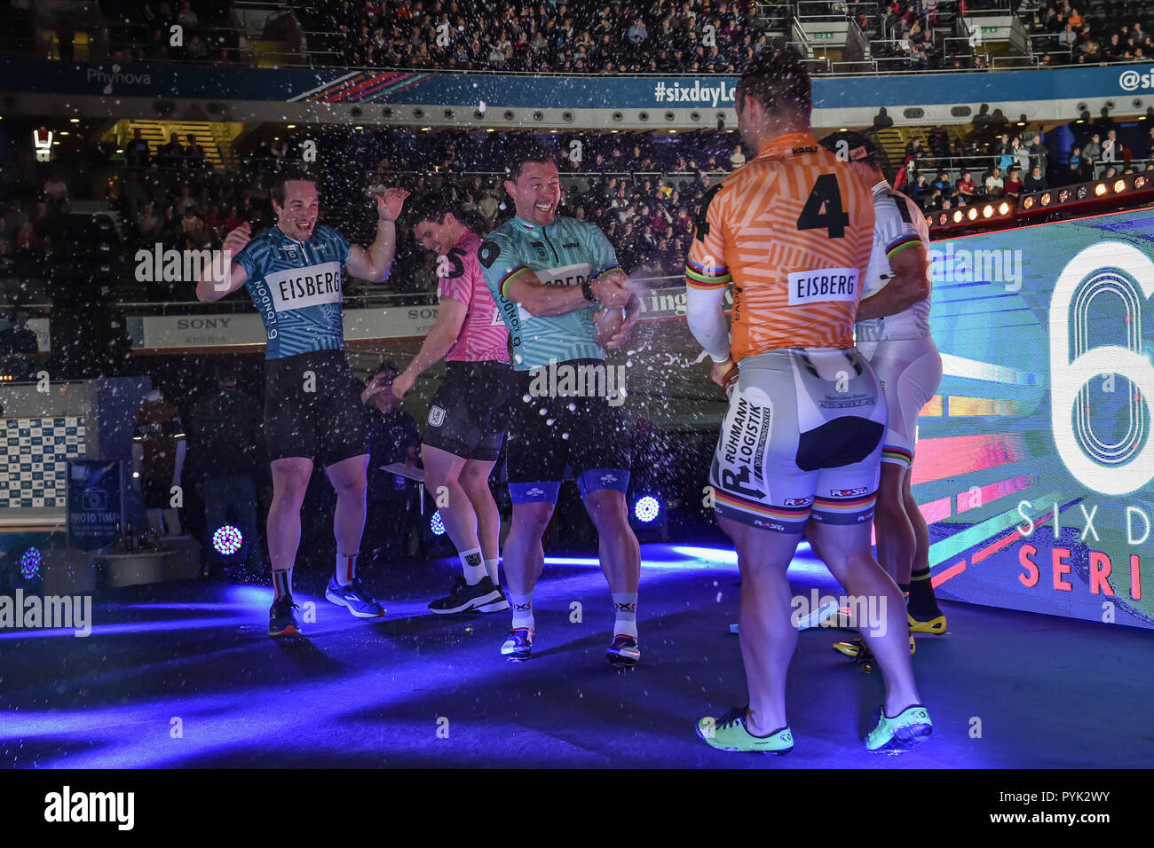 London UK . 28th Oct, 2018. Maximilian Levy (DEU) is the winner of the Sprint Final poses photo with Lewis Oliva (GBR), Francois Pervis (FRA), Robert Forstemann (DEU), Alexander Spratt (GBR) and Shane Perkins (RUS) during Six Day London 2018 at Lee Valley Velopark, Queen Elizabeth Olympic Park on Sunday, 28 October 2018. LONDON ENGLAND.  (Editorial use only, license required for commercial use. No use in betting, games or a single club/league/player publications.) Credit: Taka Wu/Alamy Live News Stock Photo