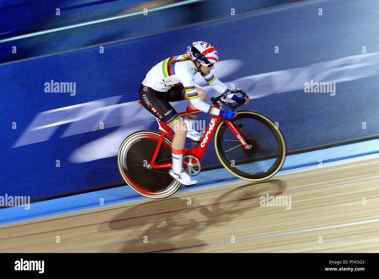 Georgia Baker of Great Britain in action during the women's madison race. Six Day Series London 2018 cycling event , day 6 at the Lee Valley VeloPark in London on Sunday 28th October 2018.  this image may only be used for Editorial purposes. Editorial use only,  pic by Steffan Bowen/Andrew Orchard sports photography/Alamy Live news Stock Photo