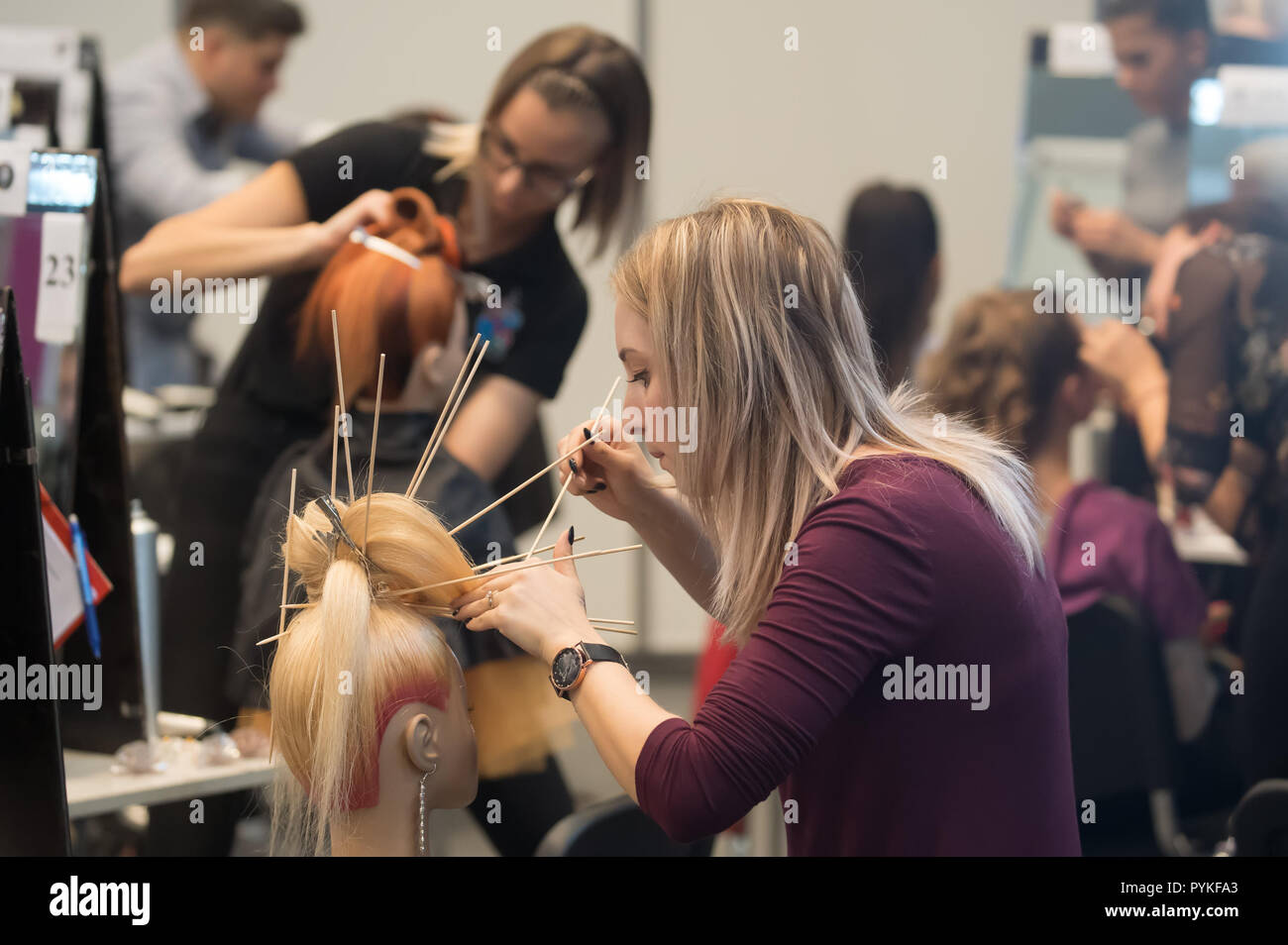 Budapest. 28th Oct, 2018. Participants compete during the 60th Hair Styling National Championship held in Budapest, Hungary on Oct. 28, 2018. Credit: Attila Volgyi/Xinhua/Alamy Live News Stock Photo