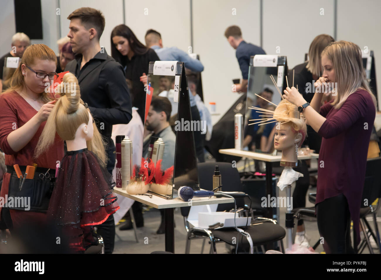 Budapest. 28th Oct, 2018. Participants compete during the 60th Hair Styling National Championship held in Budapest, Hungary on Oct. 28, 2018. Credit: Attila Volgyi/Xinhua/Alamy Live News Stock Photo