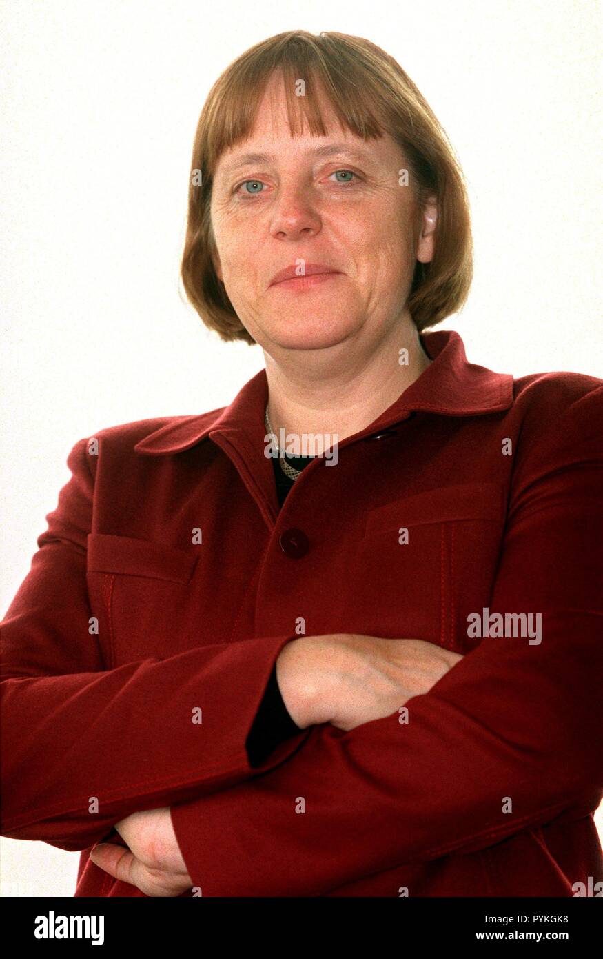 (dpa files) - Angela Merkel, chairman of the German Christian Democratic Party CDU, pictured in her office in Berlin, 8 February 2001. Merkel was to run for chancellor in the 2002 general election, but finally drew back in favor of the (male) candidate of the sister party CSU. | usage worldwide Stock Photo