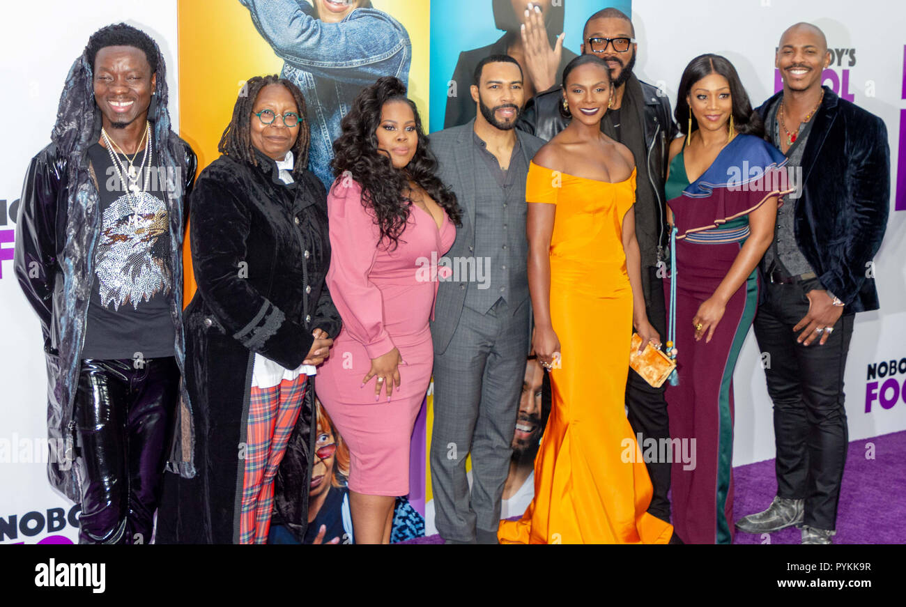 New York, USA. 28th October, 2018. (L-R) Michael Blackson, Whoopi Goldberg, Amber Riley, Omari Hardwick, Tika Sumpter, Tyler Perry, Tiffany Haddish, and Mehcad Brooks attend the world premiere of 'Nobody's Fool' at the AMC Lincoln Square in New York City on October 28, 2018. Credit: Jeremy Burke/Alamy Live News Stock Photo