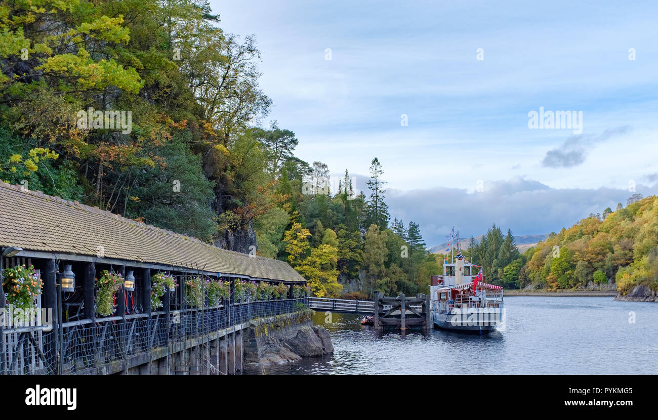 The Sir Walter Scott steamer moored on jetty on Loch Katrine near Callander Stirlingshire, Scotland, UK Stock Photo