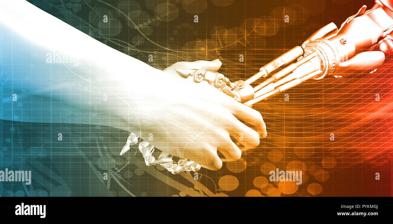 Engineering Technology With Robotic Arm And Human Hand Handshake Stock