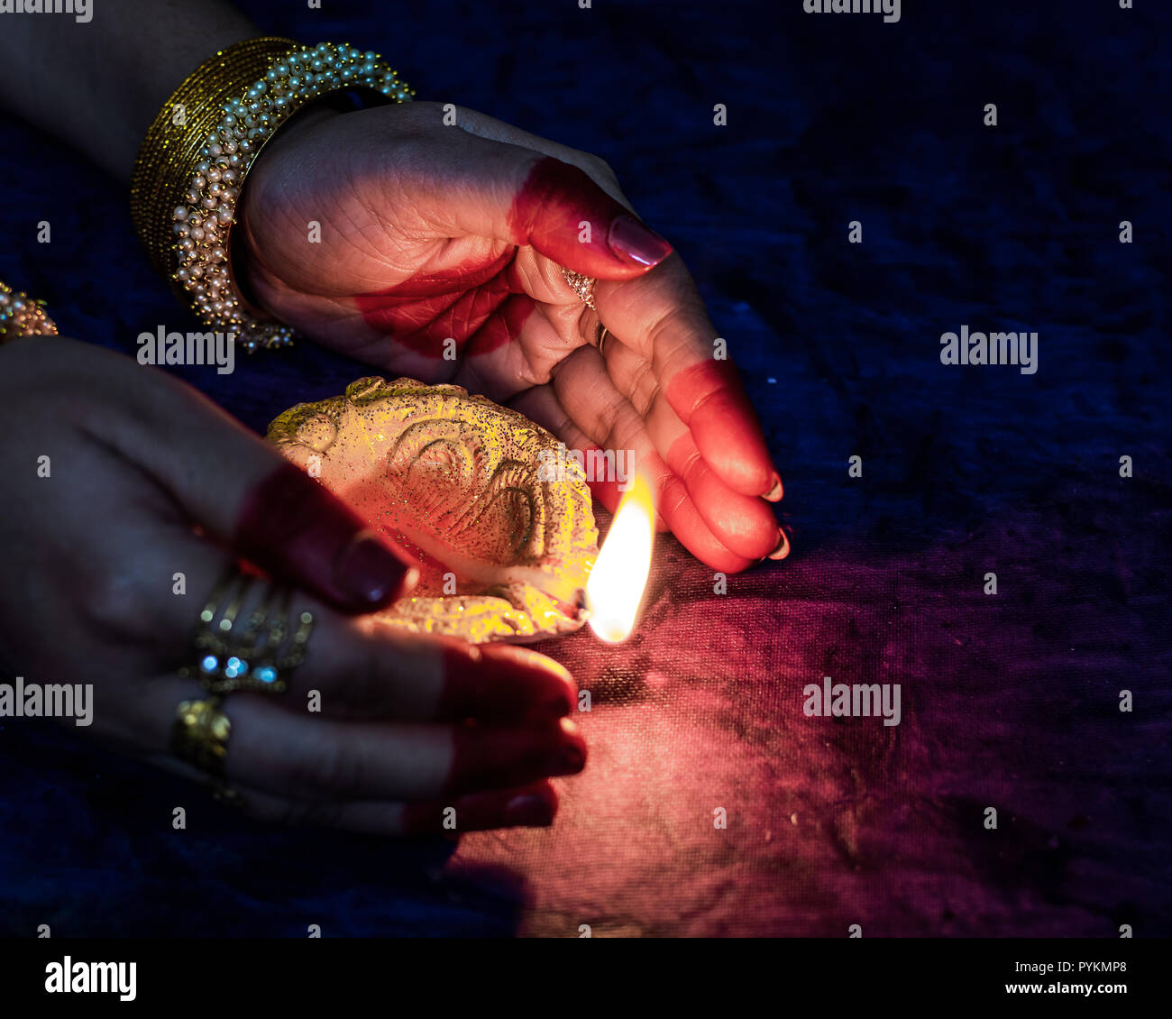 Diwali decorations with traditional Indian oil lamps with selective