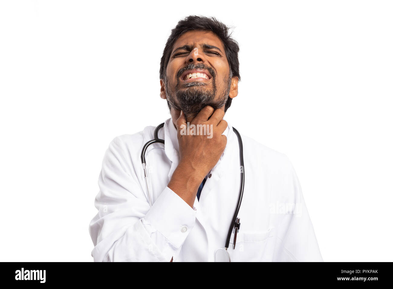 Indian medic touching neck with hand as sore throat concept because of flue or cold isolated on white background Stock Photo