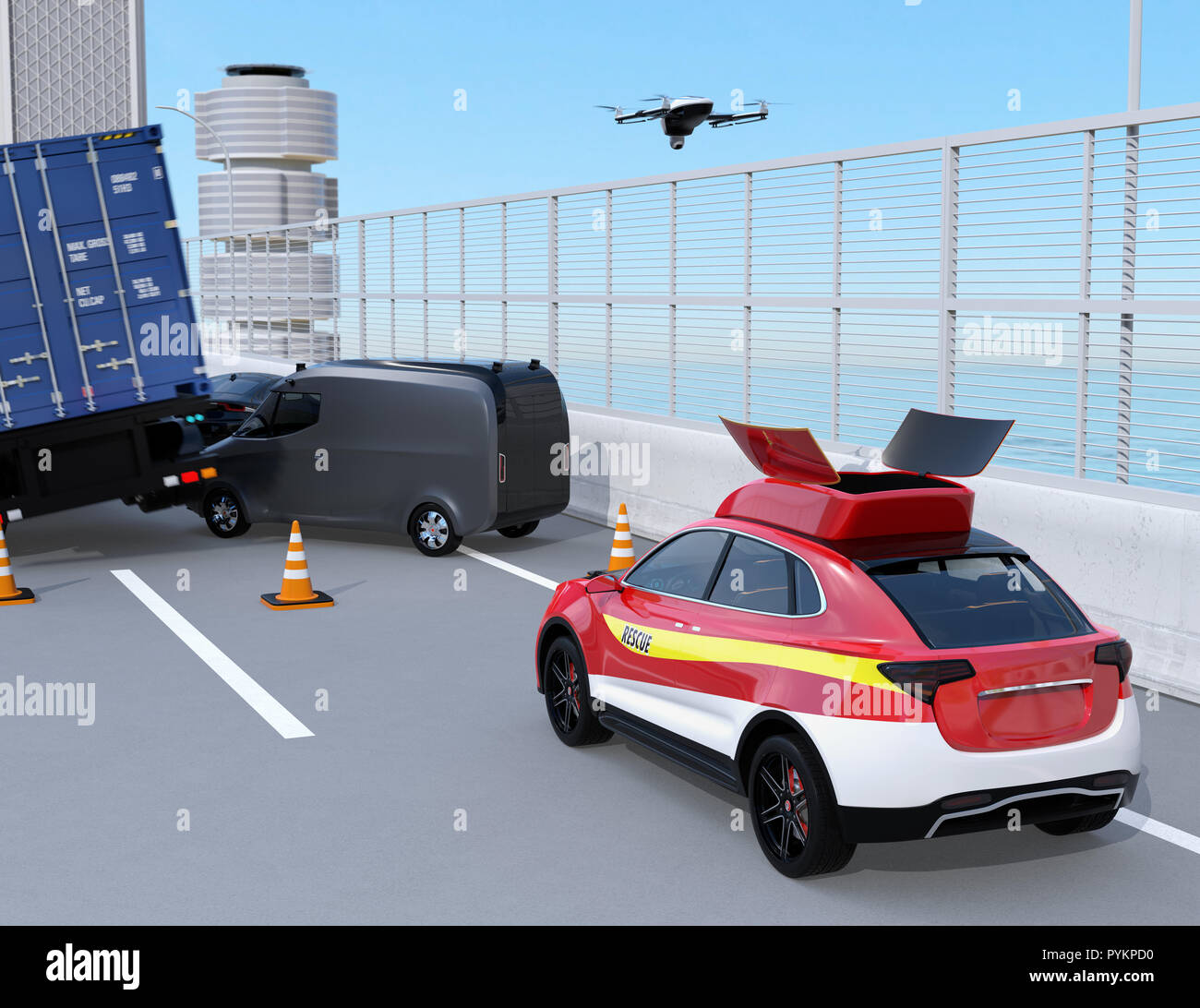 Electric rescue SUV released drone to recording car accident on highway