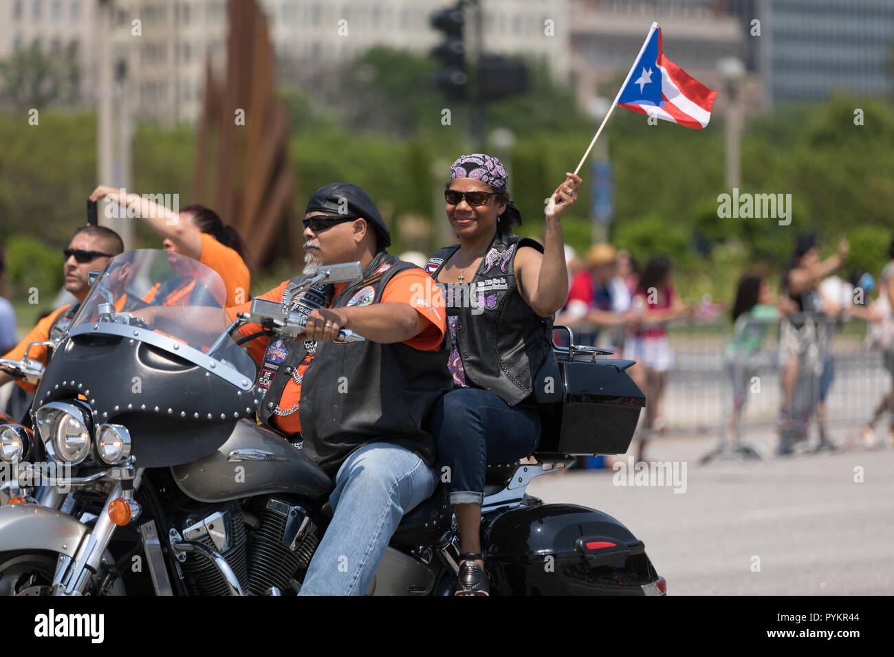 Chicago, Illinois, USA - June 16, 2018: The Puerto Rican Day Parade, Members of the PUERTO RICO MOTORCYCLE ASSOCIATION INC. riding motorcycles with th Stock Photo