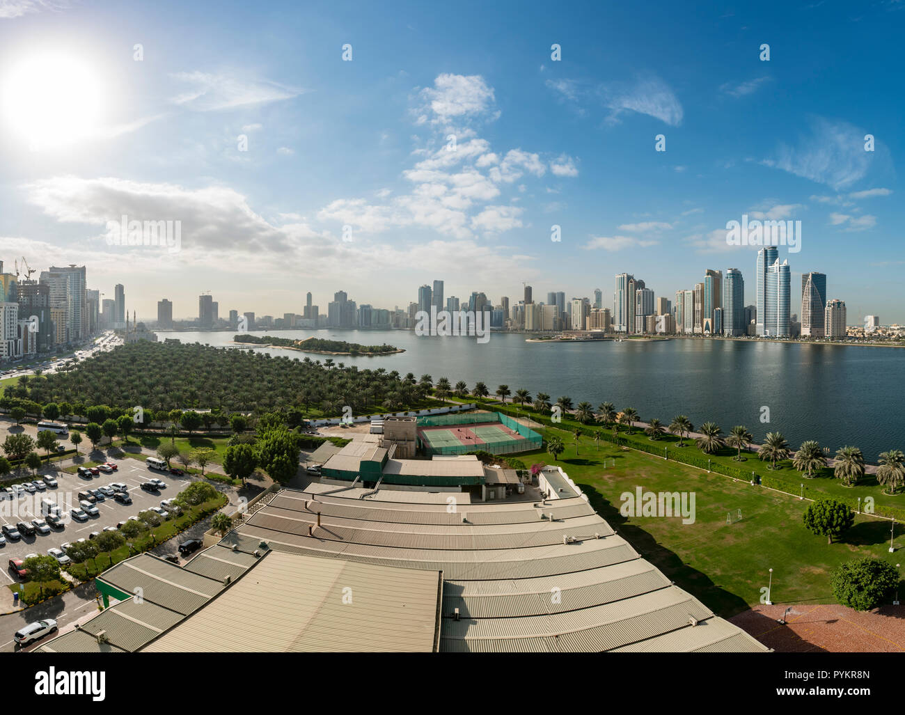 Al Nakheel Oasis and Khalid Lake, also known as Khalid Lagoon, in Sharjah, United Arab Emirates Stock Photo