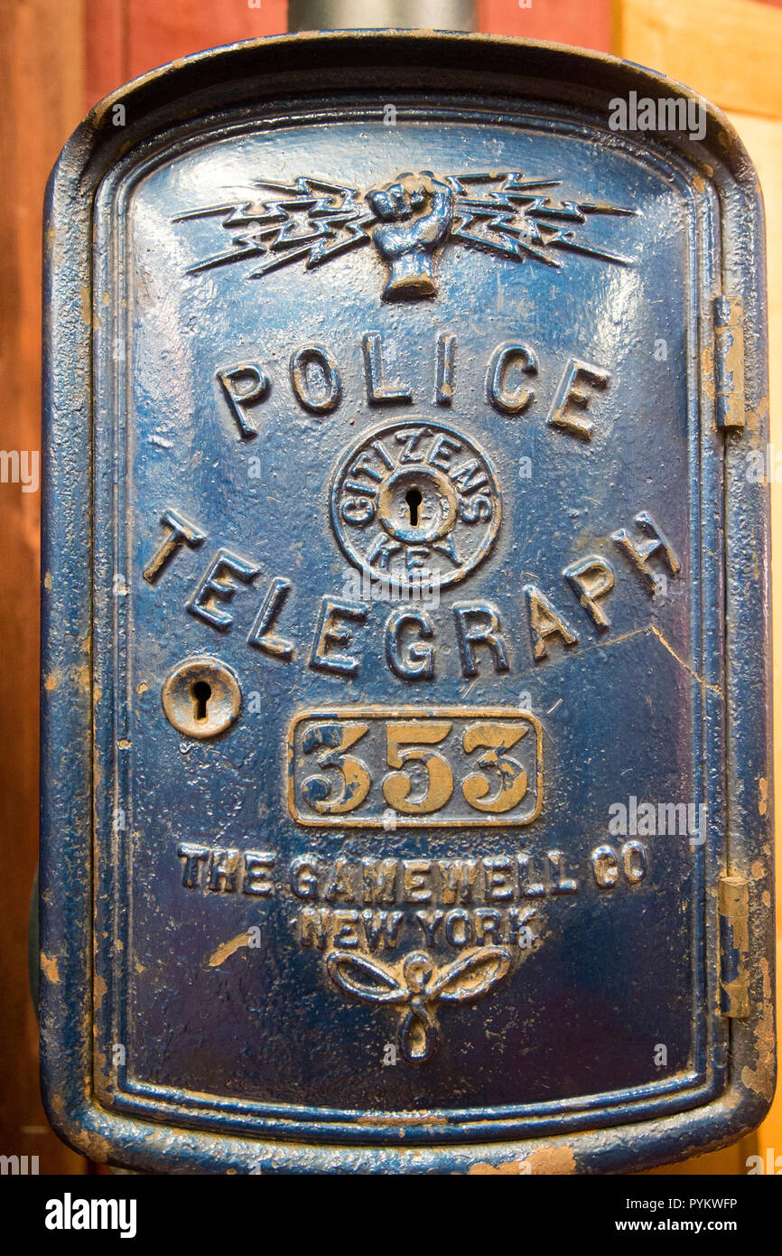 Police call box at the Patterson Museum in Patterson, NJ Stock Photo