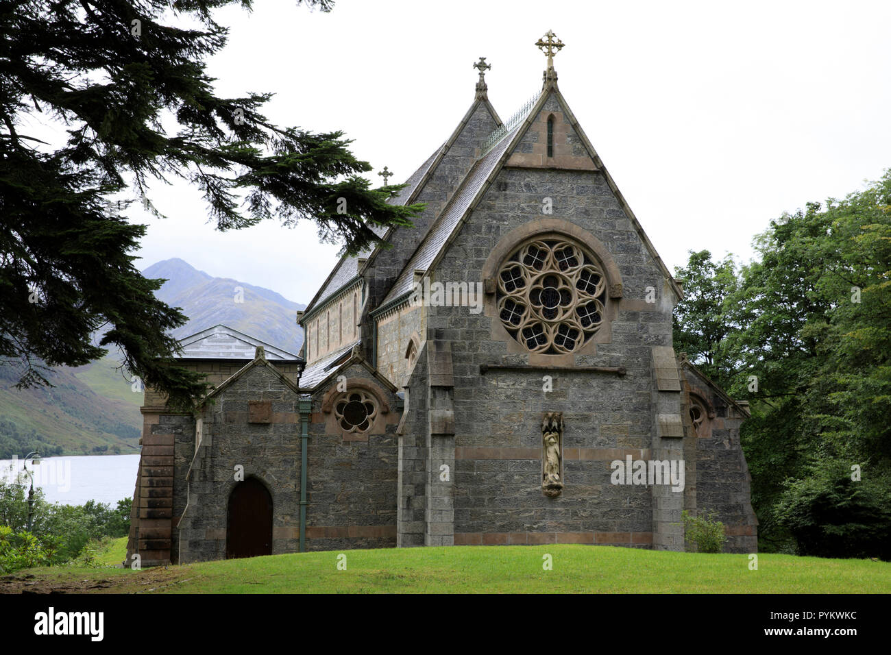 View of Loch Shiel and St Mary St Finnan's Church, Inner Hebrides, Scotland, United Kingdom Stock Photo