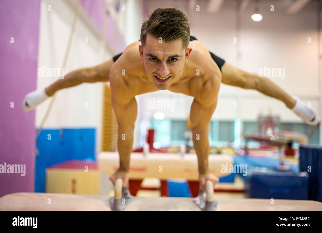 British Olympic Gold gymnast Max Whitlock at Basildon Sporting Centre for a piece to run ahead of the Commonwealth Games when he'll be one of the star Stock Photo