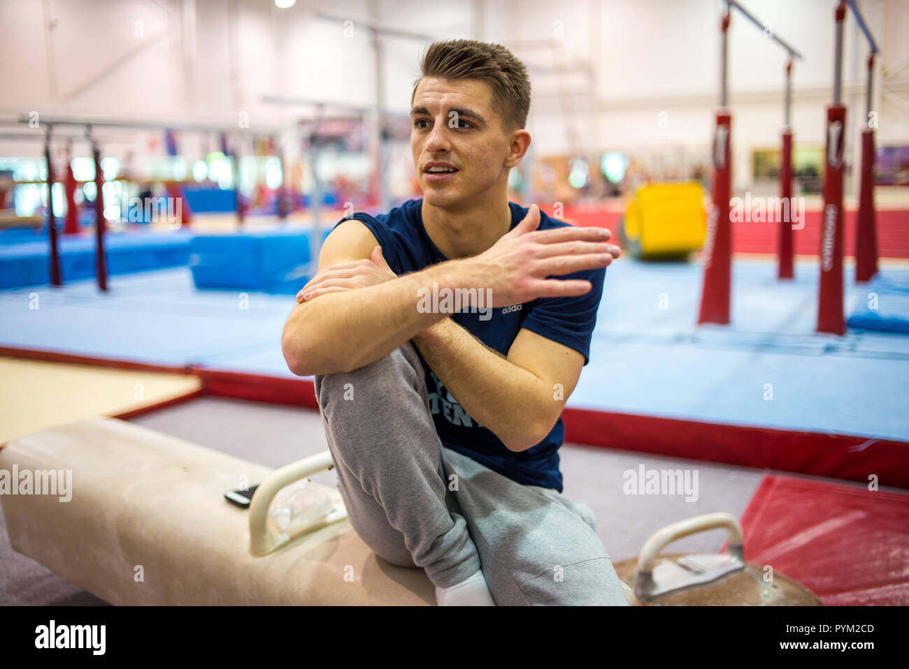 British Olympic Gold gymnast Max Whitlock at Basildon Sporting Centre for a piece to run ahead of the Commonwealth Games when he'll be one of the star Stock Photo
