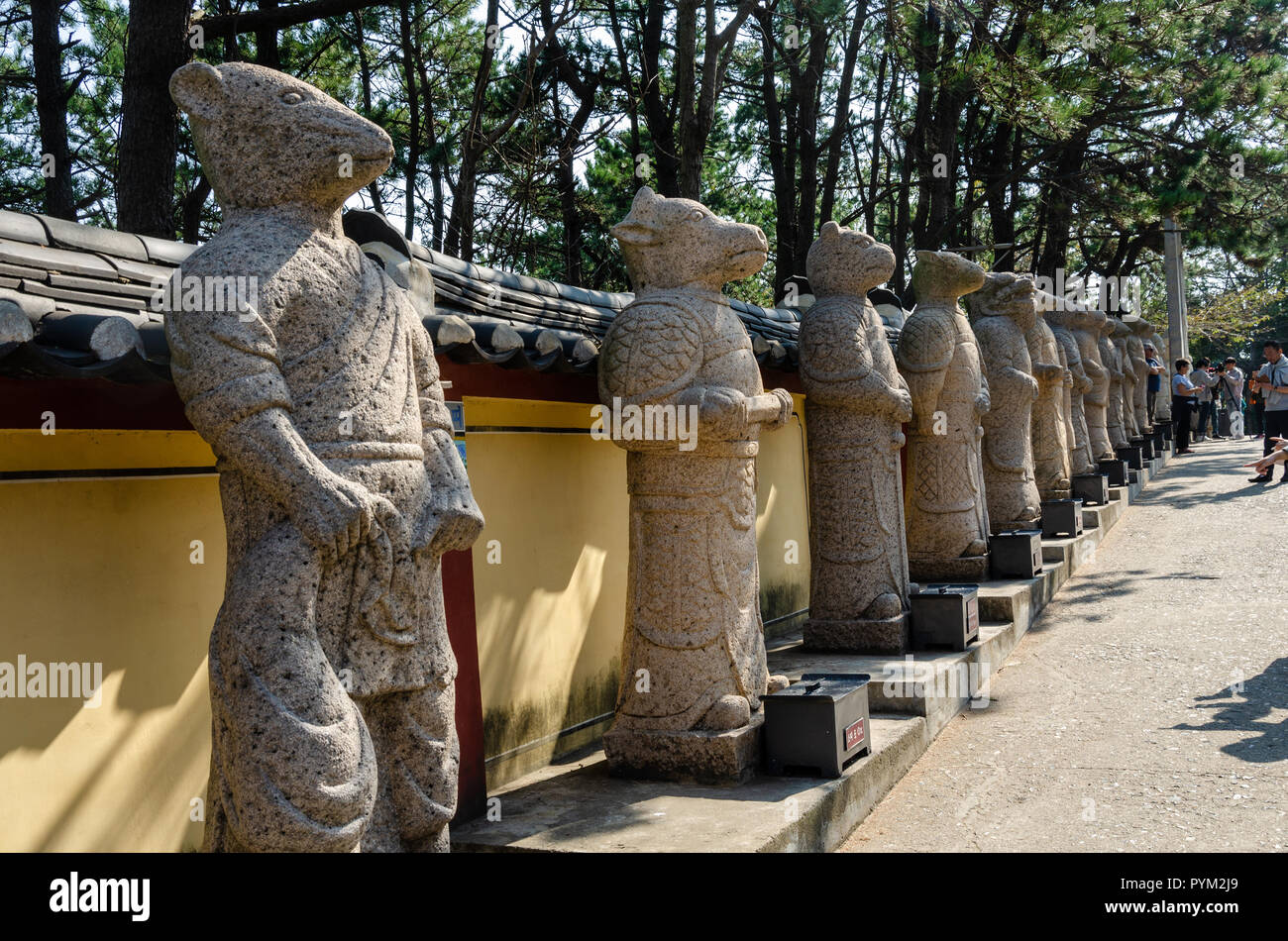 Animal Figures representing the Chinese Zodiac at the Buddhist temple Haedong Yonggung Temple in Busan, South Korea. Stock Photo