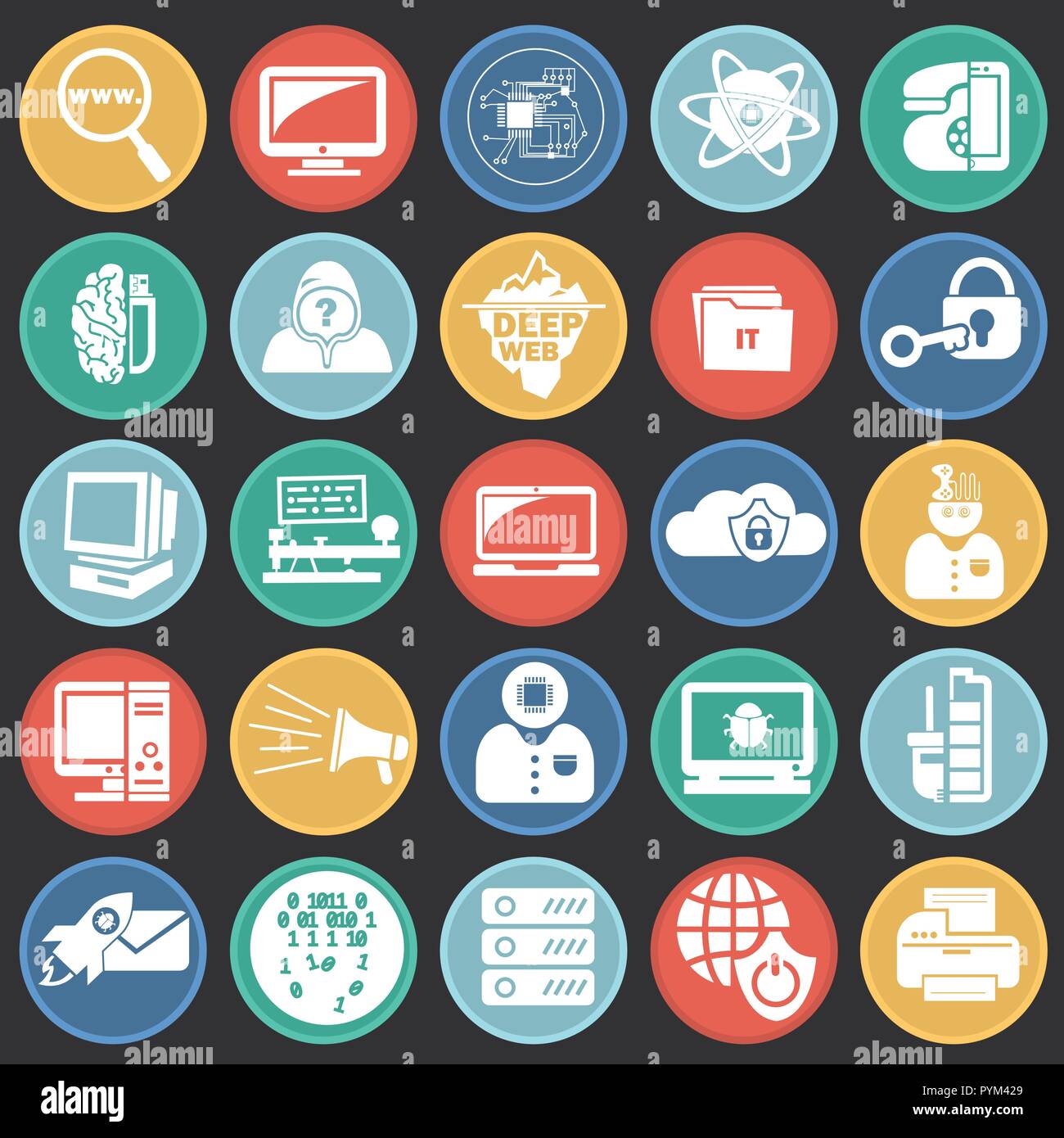 Computer and internet technologies set on color circles black background Stock Vector