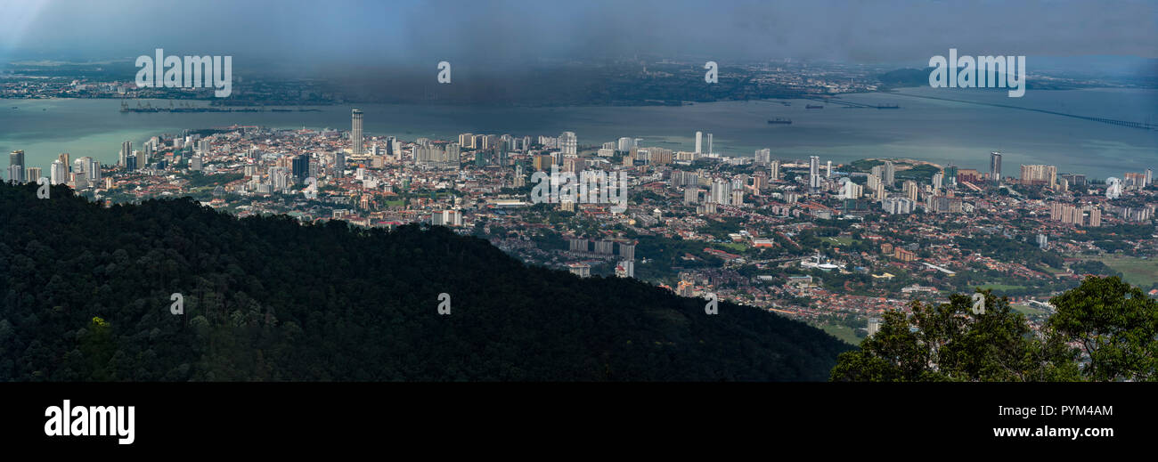 Aerial panorama of Georges town, the biggest city of the Penang island in Malaysia view from Penang hills Stock Photo