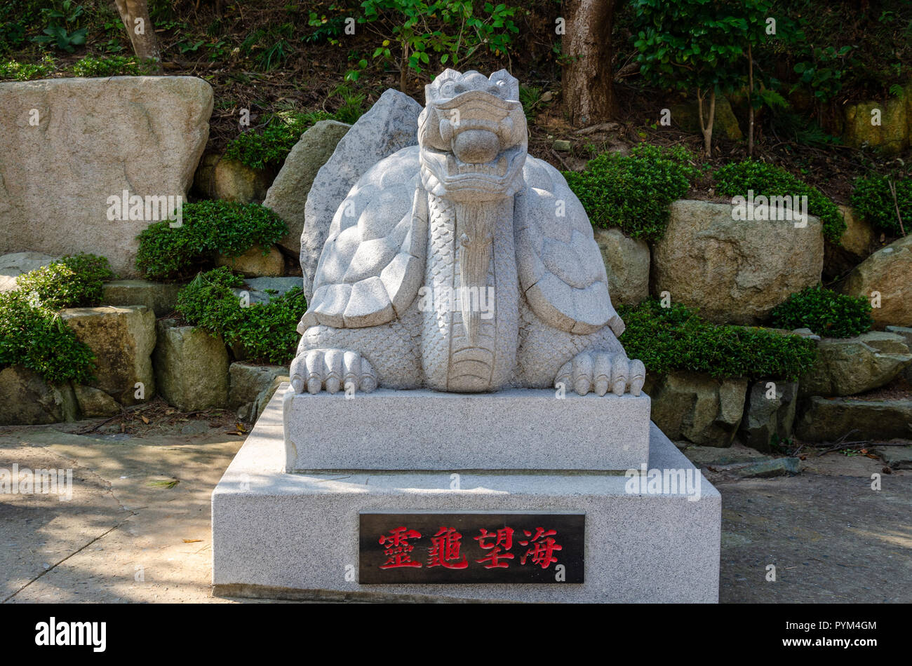 A sculpture of a tortoise in stone at Haedong Yonggung Temple in Busan, South Korea. Stock Photo