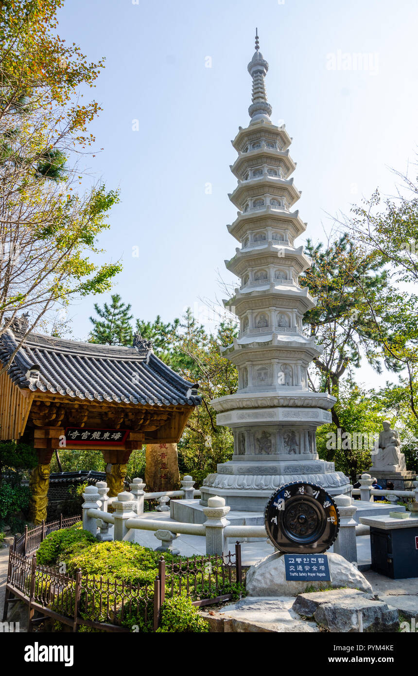 The traffic safety prayer pagoda at the Haedong Yonggungsa Temple in Busan, South Korea. Stock Photo