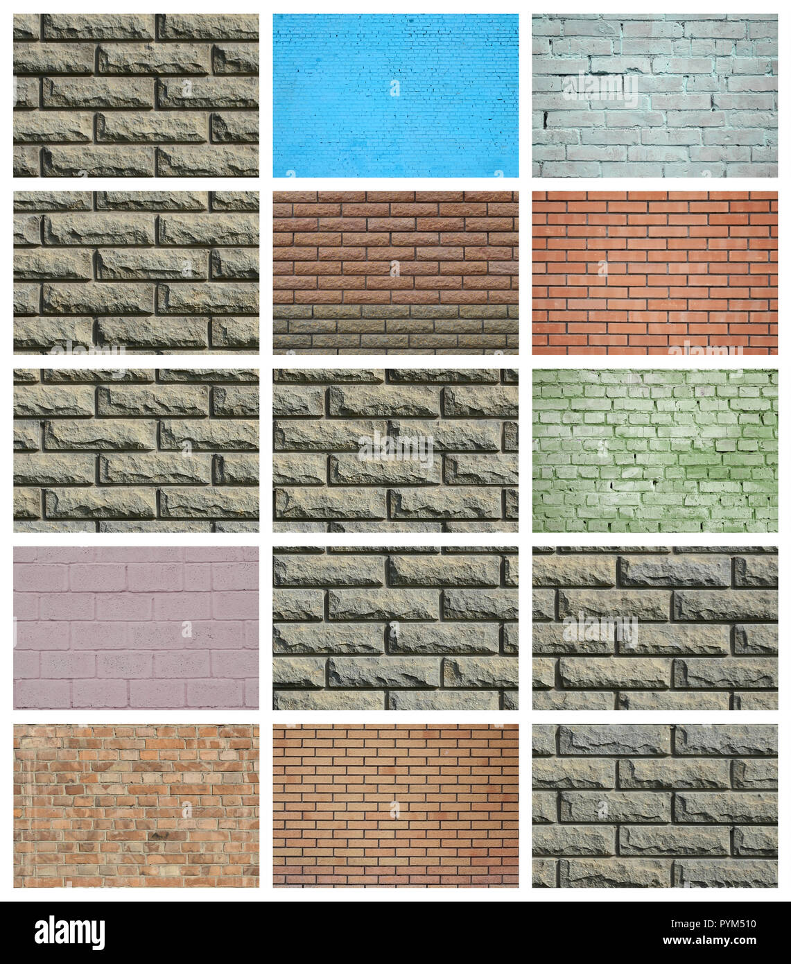 A collage of many pictures with fragments of brick walls of different ...