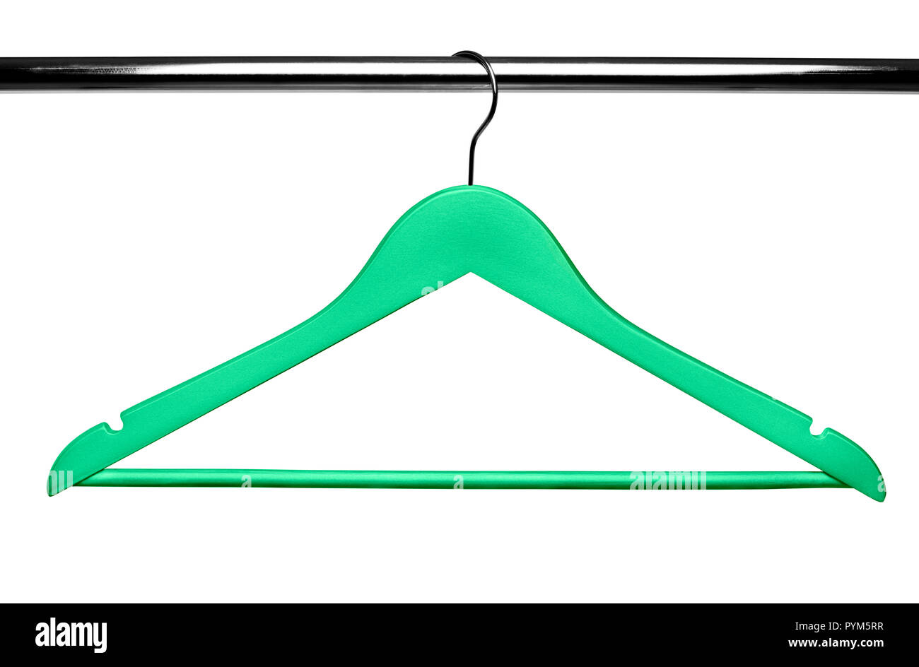 Green Wooden clothes hanger on metal crossbar isolated over white Stock  Photo - Alamy