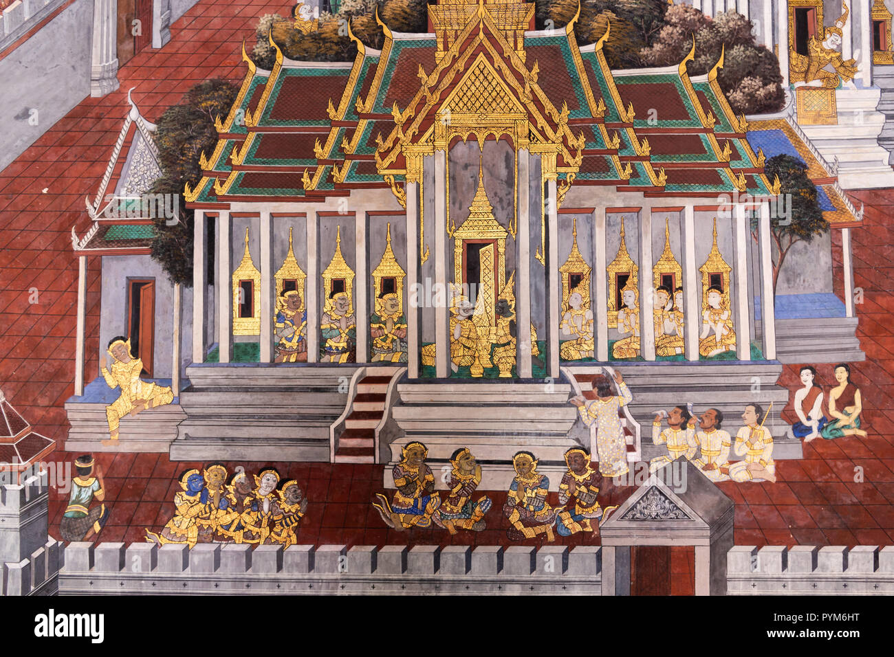 Traditional Thai painting (Art wall) of Ramayana story in the grand palace of Bangkok Thailand Stock Photo
