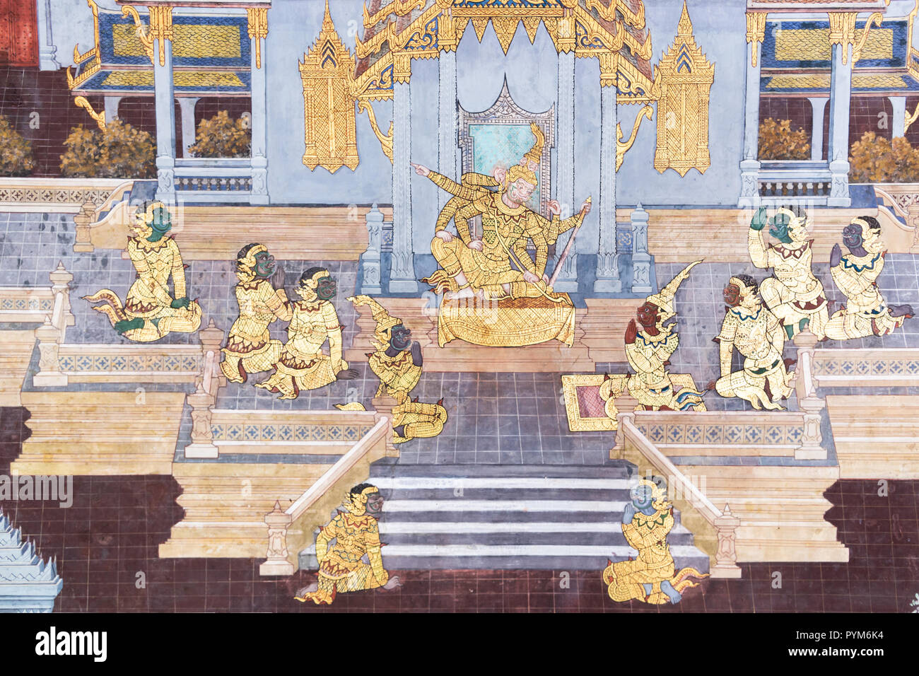 Traditional Thai painting (Art wall) of Ramayana story in the grand palace of Bangkok Thailand Stock Photo