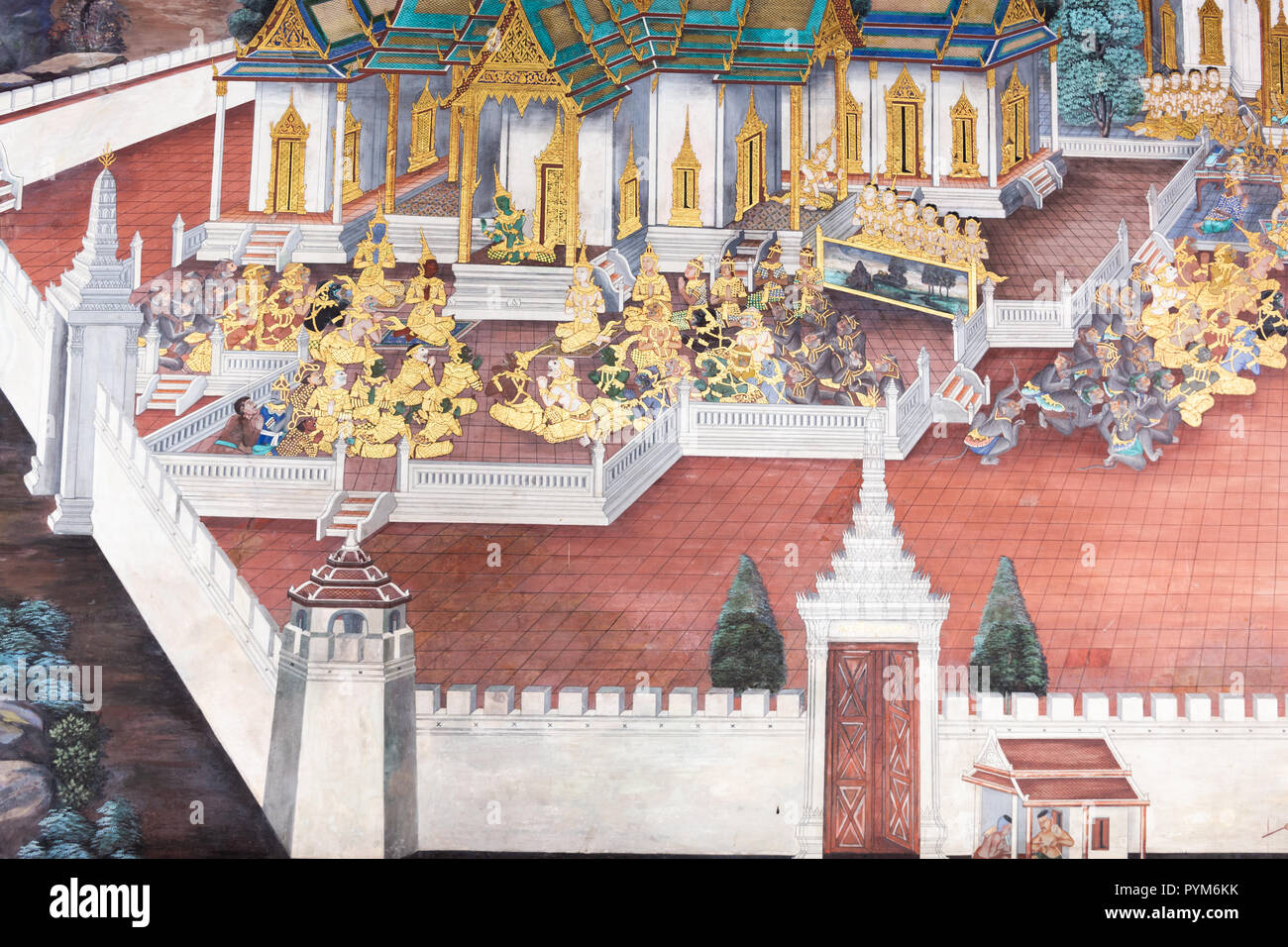 Traditional Thai painting (Art wall) of Ramayana story in the grand palace of Bangkok Thailand Stock Photo