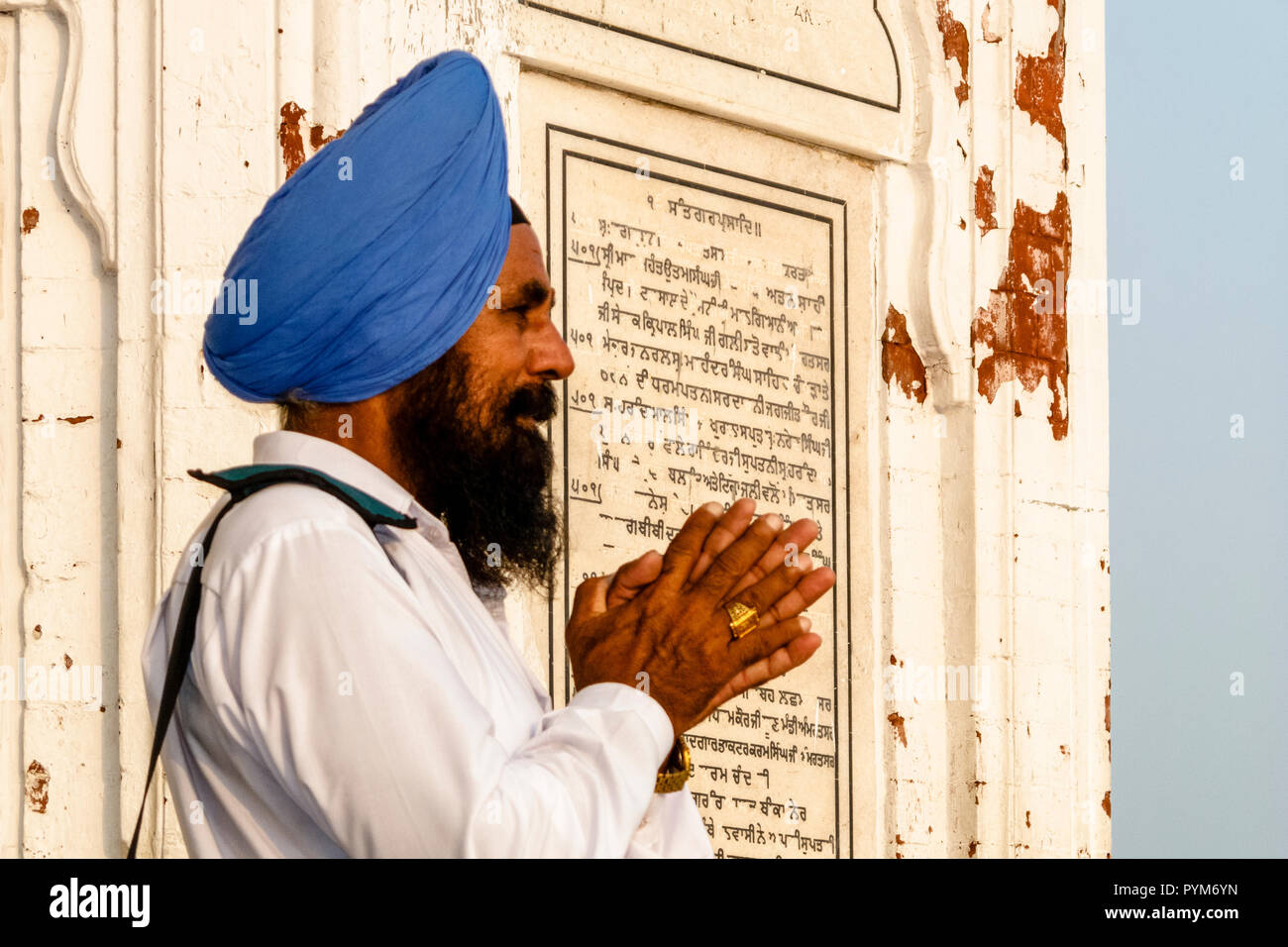 Sikh devotee praying at the entrance into the Golden Temple Complex Stock Photo